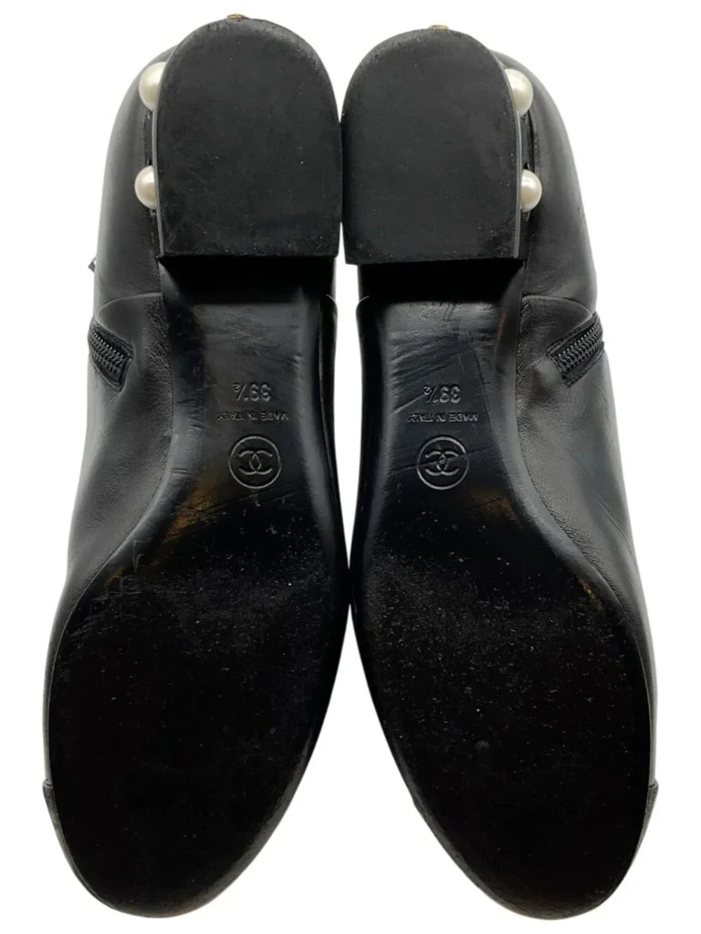 Chanel Black Leather Ankle Boots with Pearl Embellished Heel